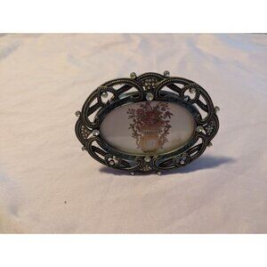 Vintage Ornate Oval Picture Frame Floral Print Rhinestone Accents & Easel Back